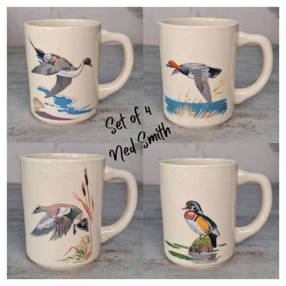 Vintage NED SMITH Game Birds Water Fowl Coffee Mug Set of 4 Made In USA Cabin - Picture 1 of 16